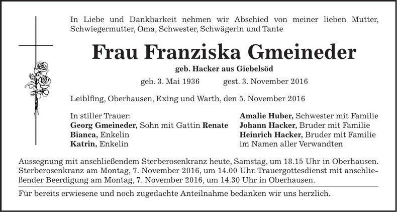 Traueranzeige Franziska Gmeineder