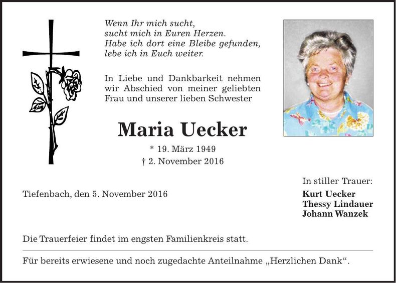 Traueranzeige Maria Uecker