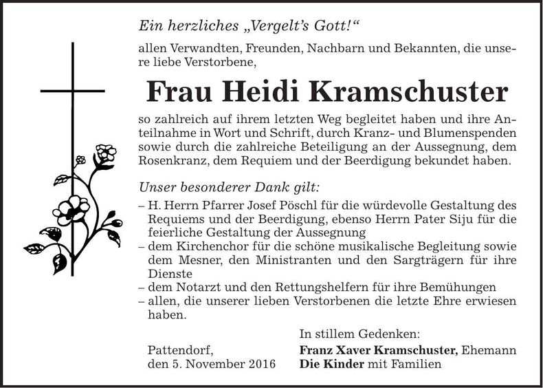 Traueranzeige Heidi Kramschuster