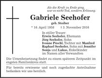 Traueranzeige Gabriele Seehofer