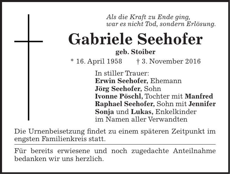 Traueranzeige Gabriele Seehofer