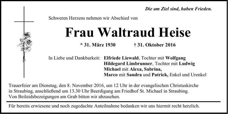 Traueranzeige Waltraud Heise