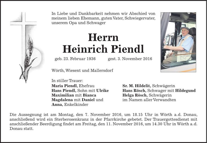 Traueranzeige Heinrich Piendl