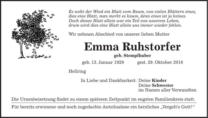 Traueranzeige Emma Ruhstorfer