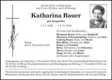 Traueranzeige Katharina Bauer