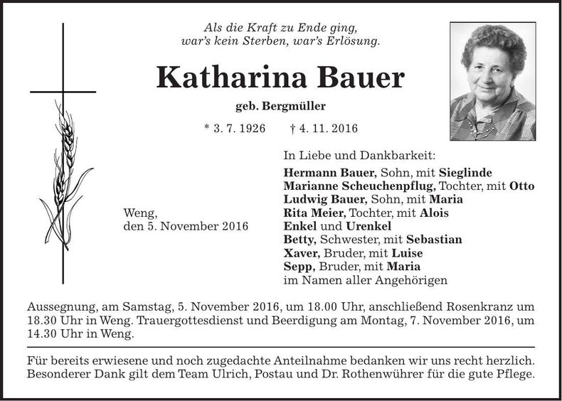 Traueranzeige Katharina Bauer