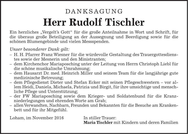 Traueranzeige Rudolf Tischler