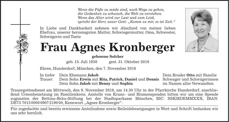 Traueranzeige Agnes Kronberger