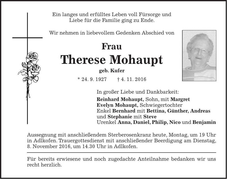 Traueranzeige Therese Mohaupt