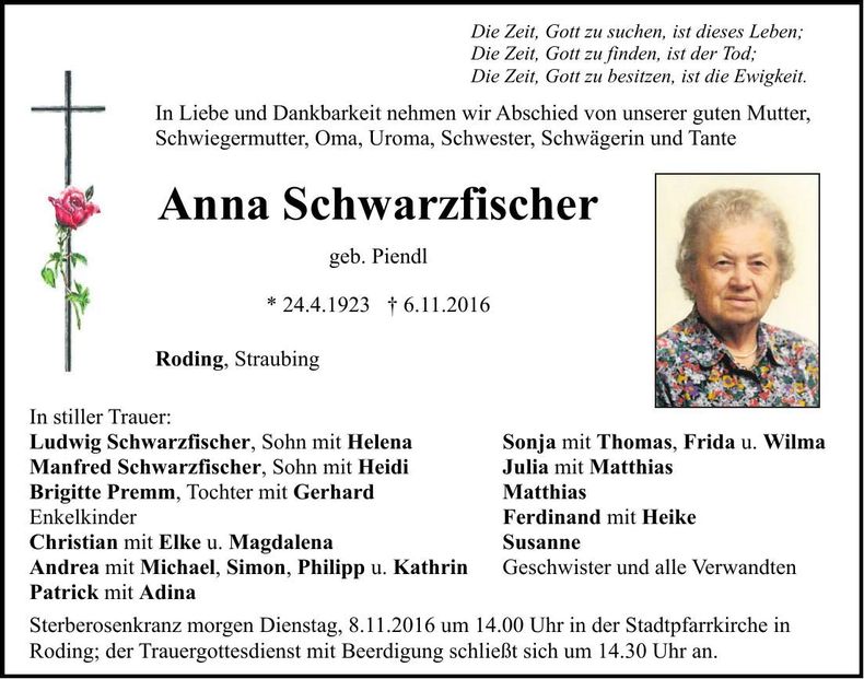 Traueranzeige Anna Schwarzfischer