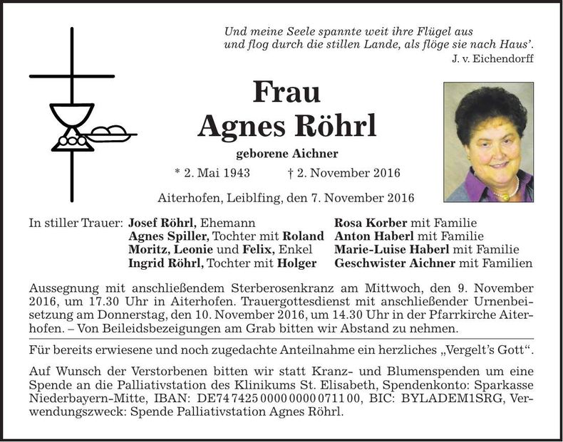 Traueranzeige Agnes Röhrl