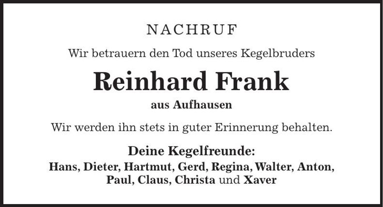 Traueranzeige Reinhard Frank