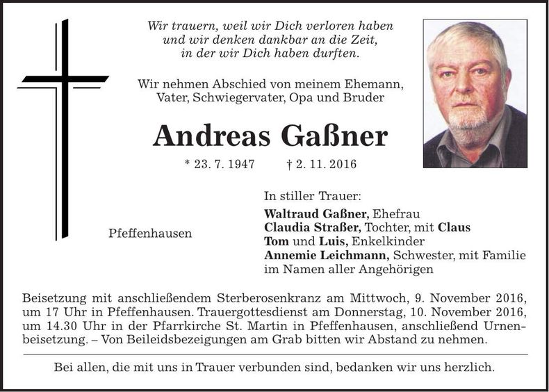 Traueranzeige Andreas Gaßner