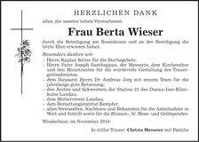 Traueranzeige Berta Wieser