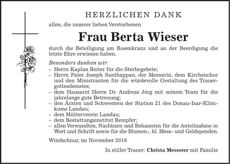 Traueranzeige Berta Wieser