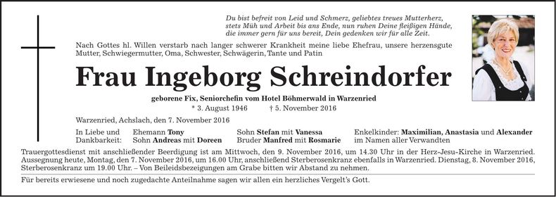 Traueranzeige Ingeborg Schreindorfer