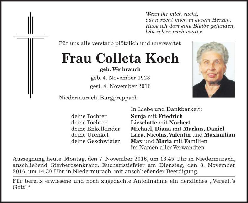 Traueranzeige Colleta Koch