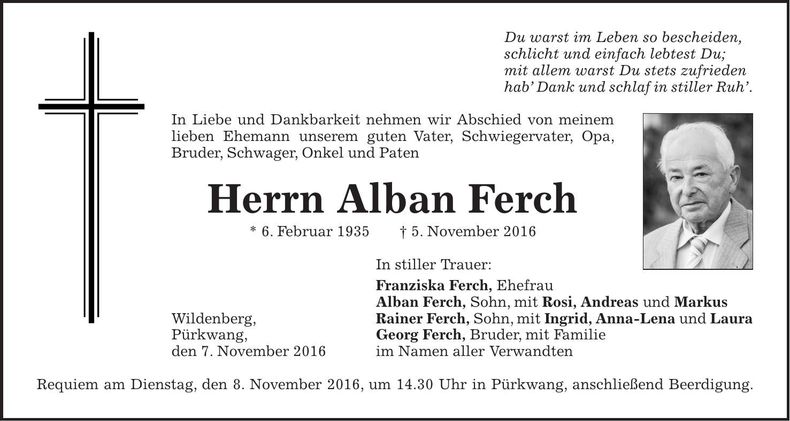 Traueranzeige Alban Ferch