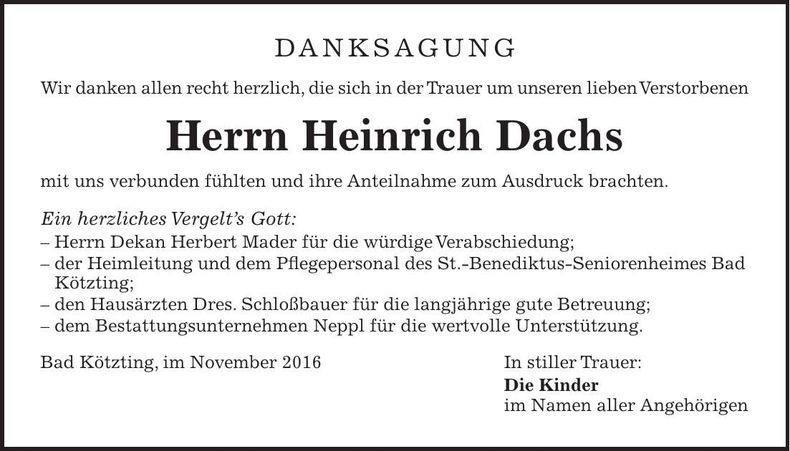 Traueranzeige Heinrich Dachs