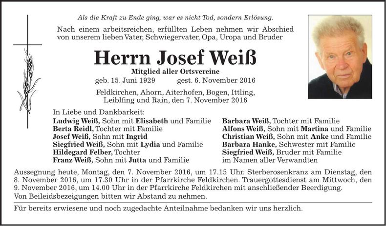 Traueranzeige Josef Weiß