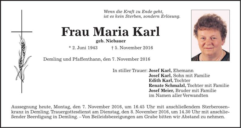 Traueranzeige Maria Karl