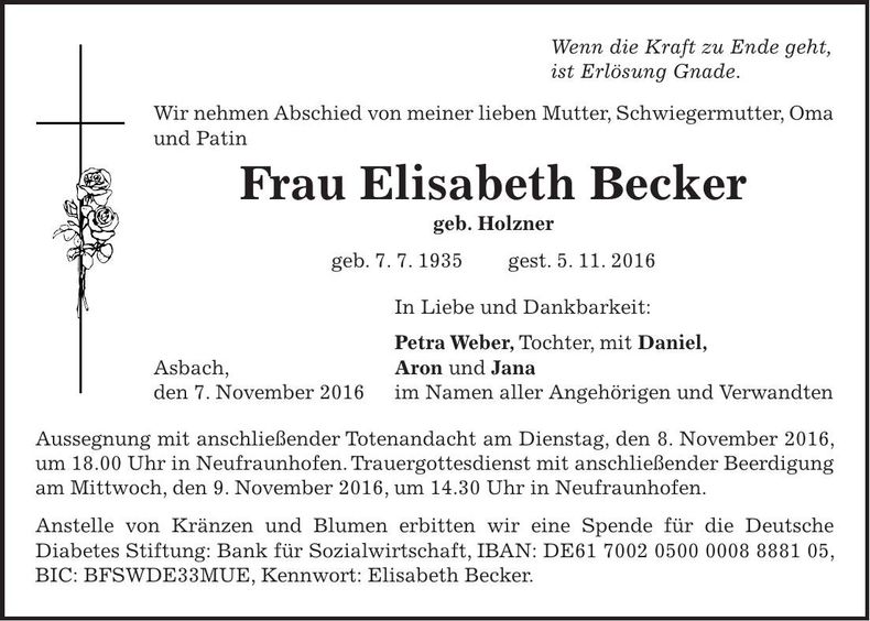 Traueranzeige Elisabeth Becker