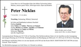 Traueranzeige Peter Nicklas