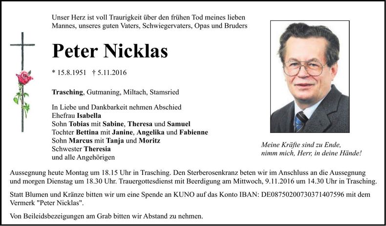 Traueranzeige Peter Nicklas