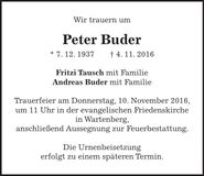 Traueranzeige Peter Buder