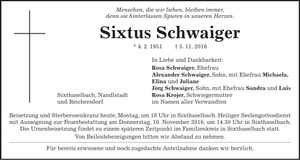Traueranzeige Sixtus Schwaiger