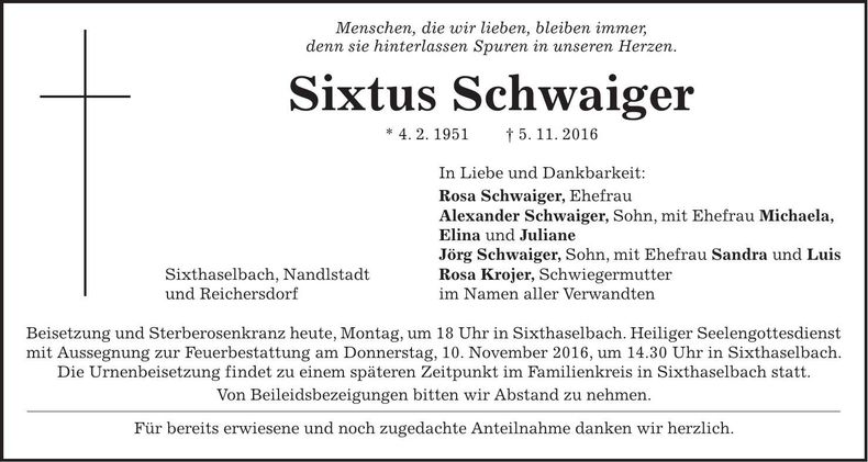 Traueranzeige Sixtus Schwaiger