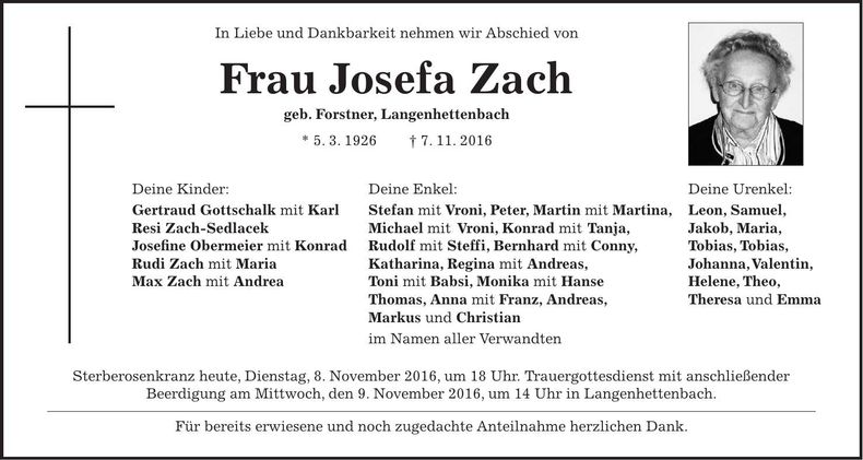 Traueranzeige Josefa Zach