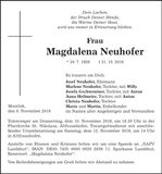 Traueranzeige Magdalena Neuhofer