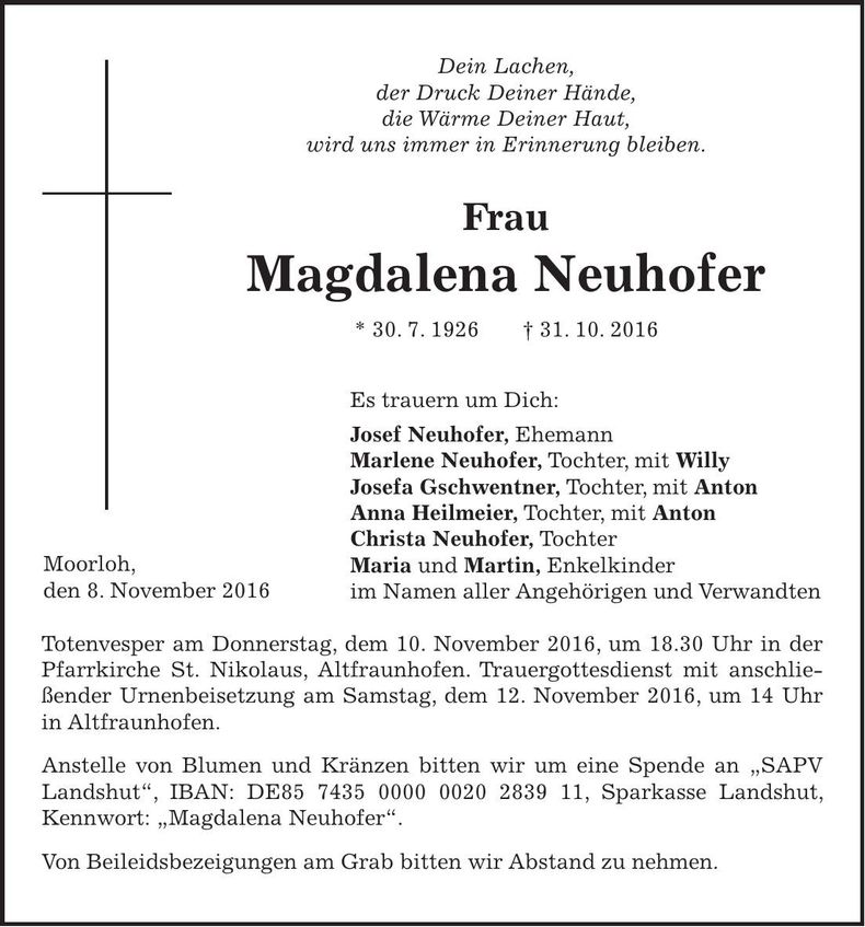 Traueranzeige Magdalena Neuhofer
