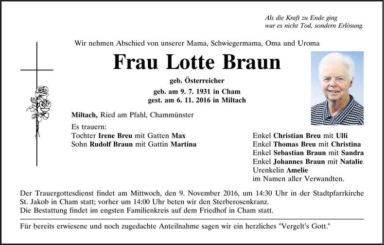 Traueranzeige Lotte Braun