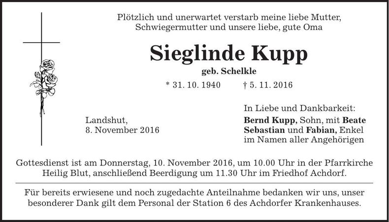 Traueranzeige Sieglinde Kupp
