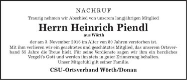 Traueranzeige Heinrich Piendl