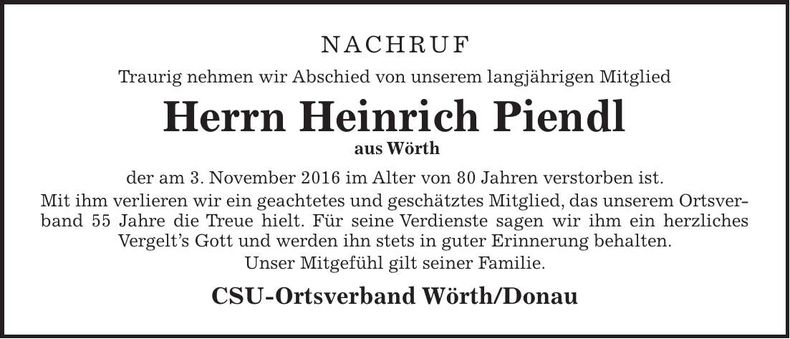 Traueranzeige Heinrich Piendl
