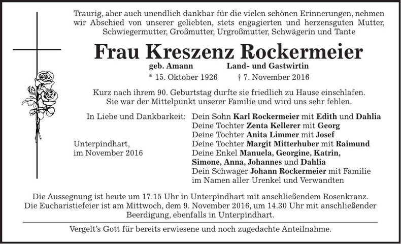 Traueranzeige Kreszenz Rockermeier