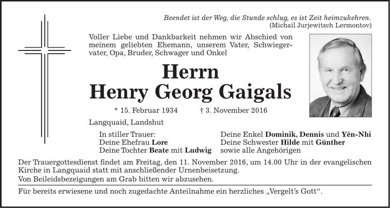 Traueranzeige Henry Georg Gaigals
