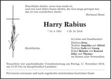 Traueranzeige Harry Rabius