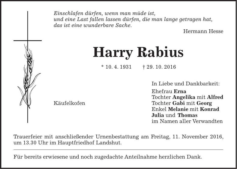 Traueranzeige Harry Rabius