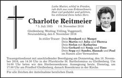 Traueranzeige Charlotte Reitmeier