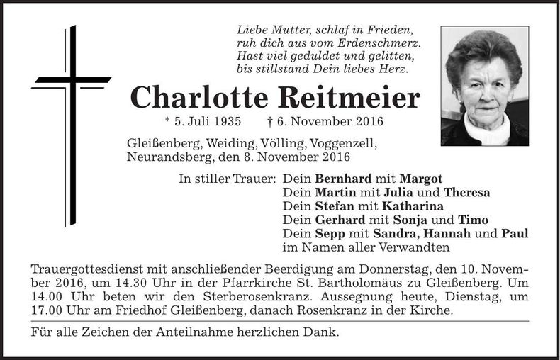 Traueranzeige Charlotte Reitmeier