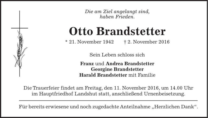 Traueranzeige Otto Brandstetter