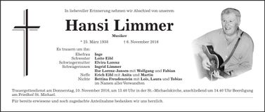 Traueranzeige Hansi Limmer