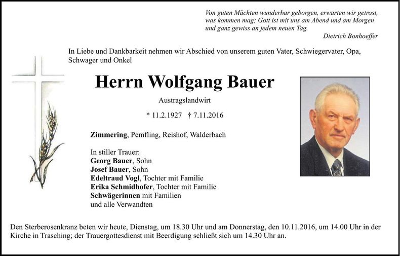 Traueranzeige Wolfgang Bauer