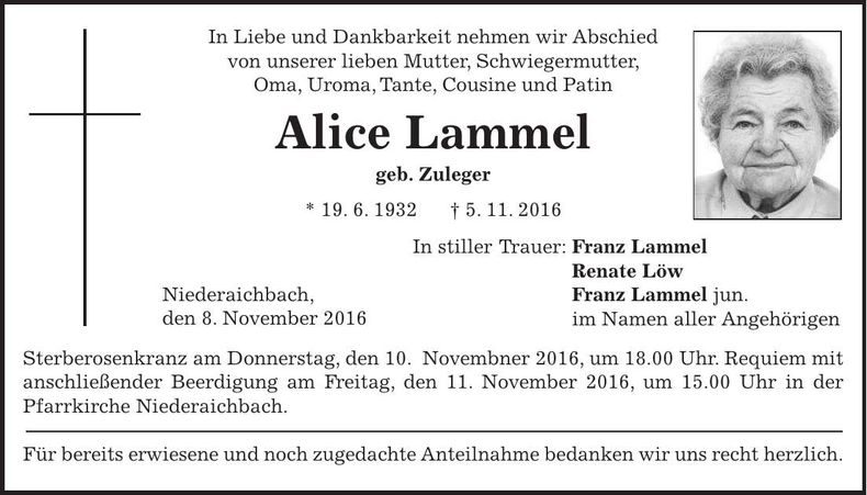 Traueranzeige Alice Lammel