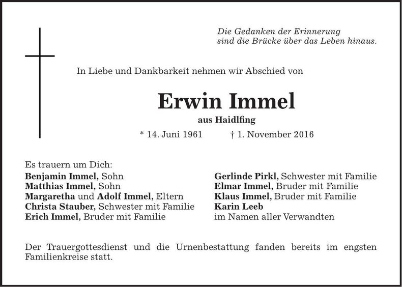 Traueranzeige Erwin Immel