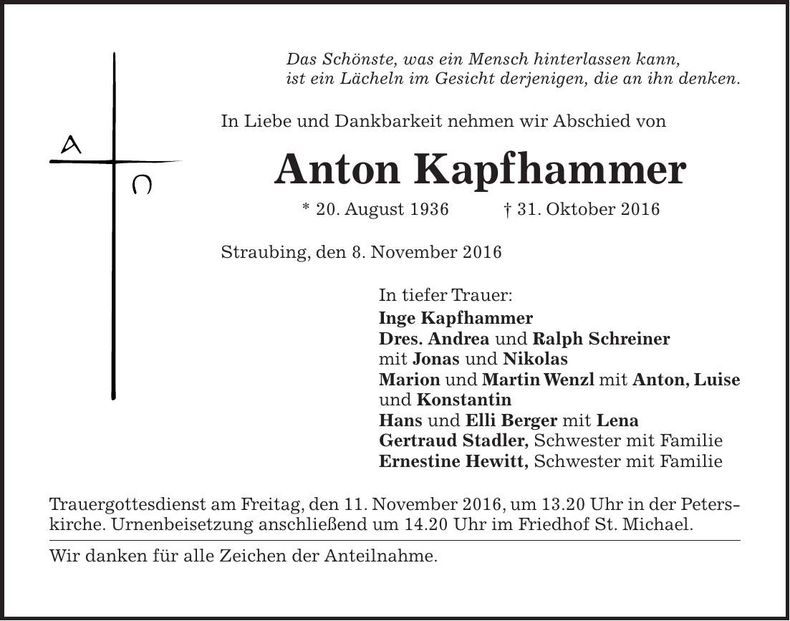 Traueranzeige Anton Kapfhammer